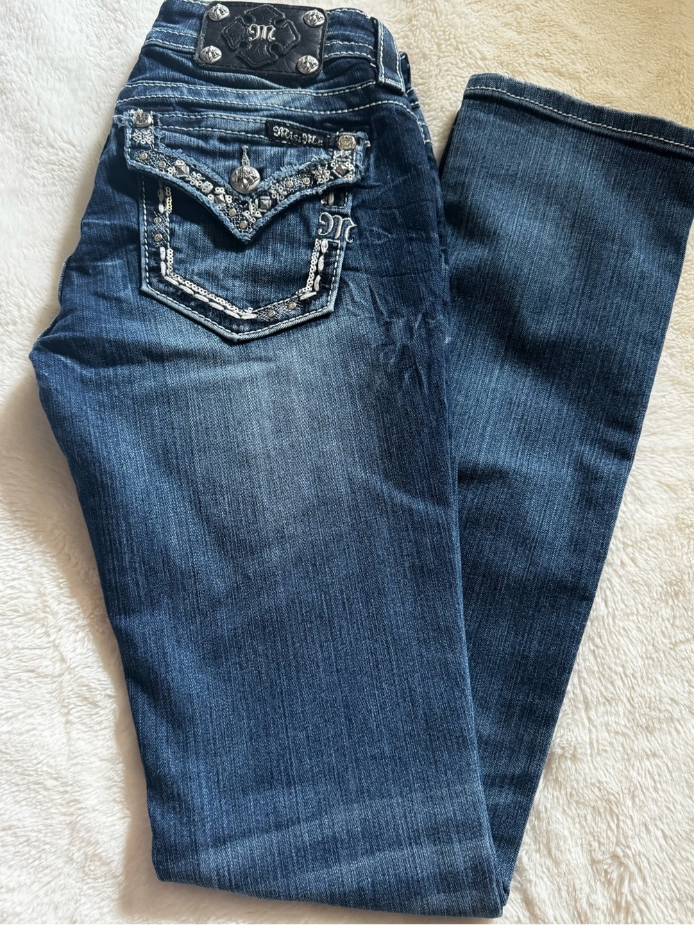 Miss Me Indigo Straight Leg Jeans with Embellished Back Pockets